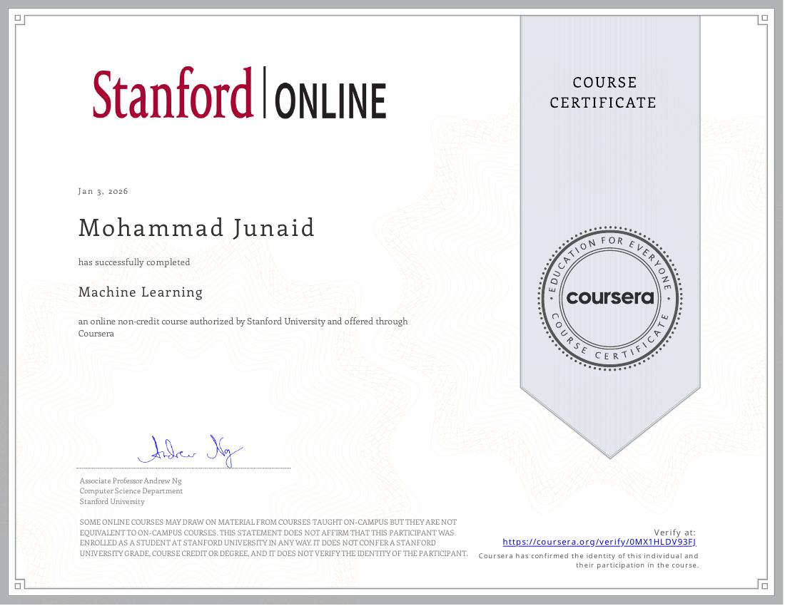 Stanford Machine Learning certificate