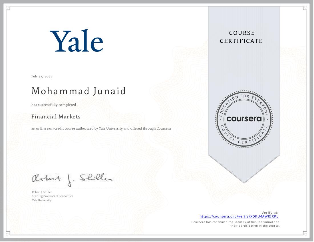 Yale Financial Markets certificate